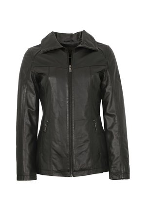 Schwarze Lederjacke mit strukturiertem Kragen, Reißverschluss vorne und zwei seitlichen Taschen mit dezenten Steppnähten.