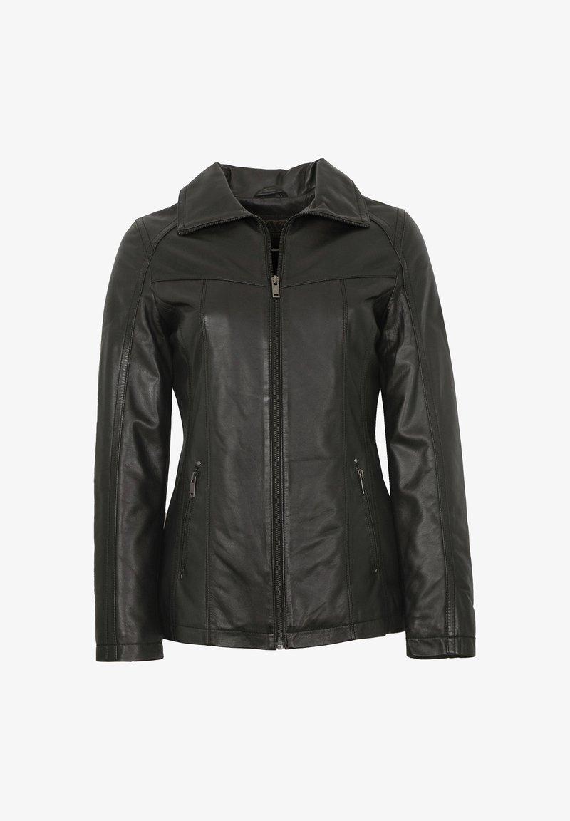 Schwarze Lederjacke mit strukturiertem Kragen, Reißverschluss vorne und zwei seitlichen Taschen mit dezenten Steppnähten.