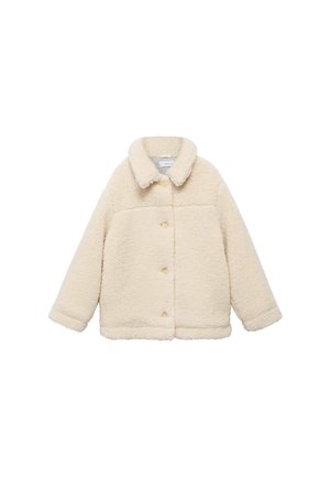 Chaqueta de imitación de piel de borrego de color crema, de manga larga, con botones, cuello y corte relajado.