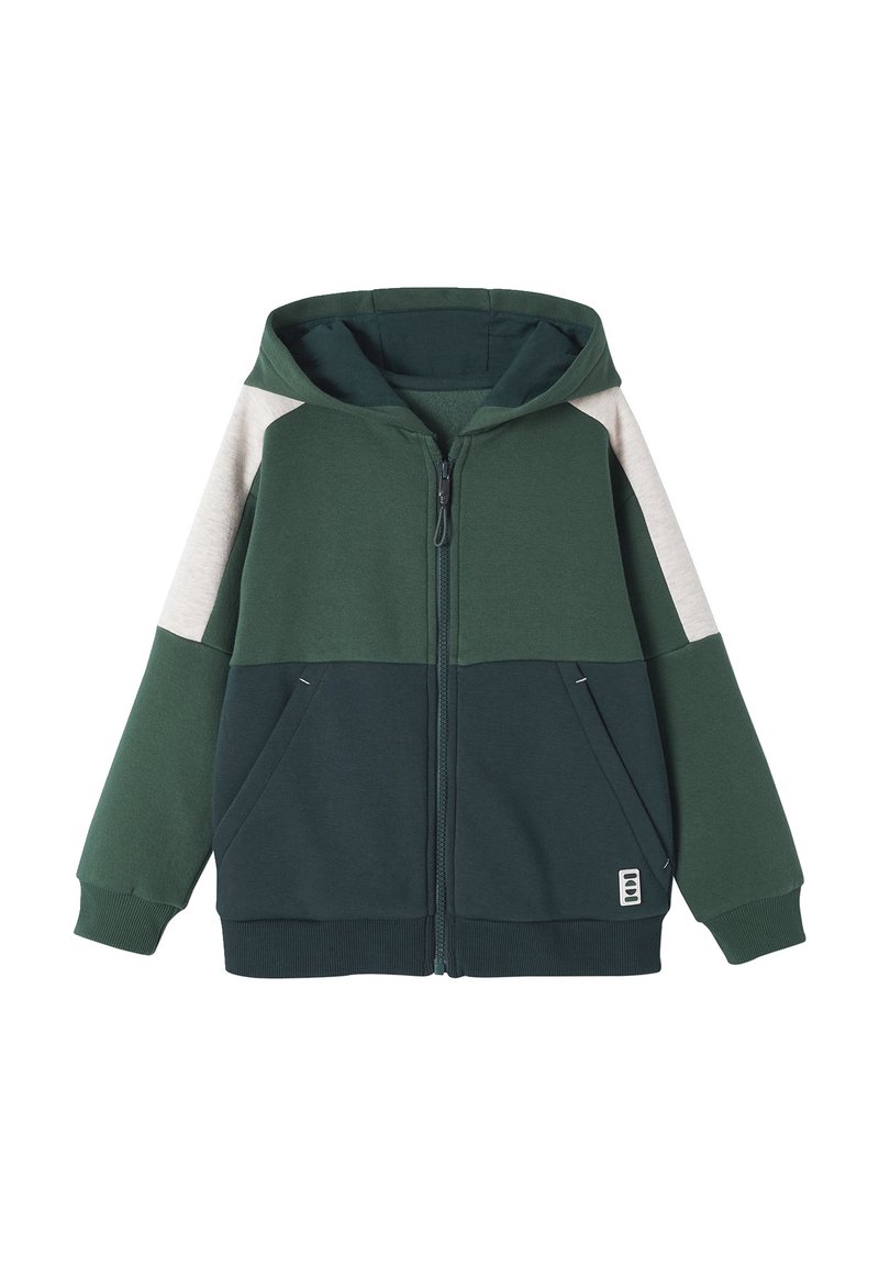 Kapuzensweatjacke in Dunkelgrün mit hellgrauen Akzenten. Hergestellt aus weichem Stoff mit Fronttaschen und gerippten Bündchen für zusätzlichen Komfort.