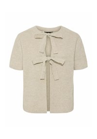 Beżowy top z krótkim rękawem o prążkowanej fakturze, z przodem rozpiętym na dwa kokardki i okrągłym dekoltem.