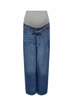 Maternity jeans in blue denim with a gray stretchy waistband, wide leg design, and drawstring closure at the front.