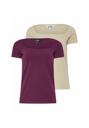 Deux T-shirts à manches courtes empilés, l'un en violet profond et l'autre en beige clair, avec des encolures carrées et un tissu en coton doux.