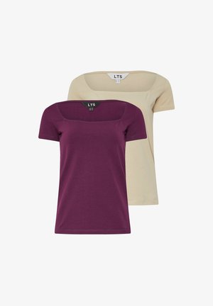 Kaksi lyhythihaista T-paitaa pinottuna, toinen syvän purppuran värinen ja toinen vaaleanbeige, joissa on neliönmalliset pääntiet ja pehmeä puuvillakangas.