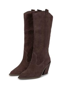 Botas de vaquero de ante marrón con punta afilada, costuras decorativas, caña de altura media y tacón apilado. Presentan tiradores dobles para facilitar su uso.