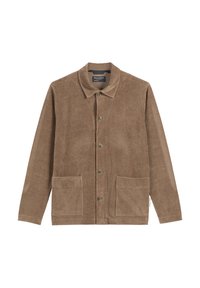 Bruine corduroy jas met een kraag, knopen aan de voorkant en twee grote opgestikte zakken. Gevarieerde stof met een klassiek ontwerp en een neutrale kleur.