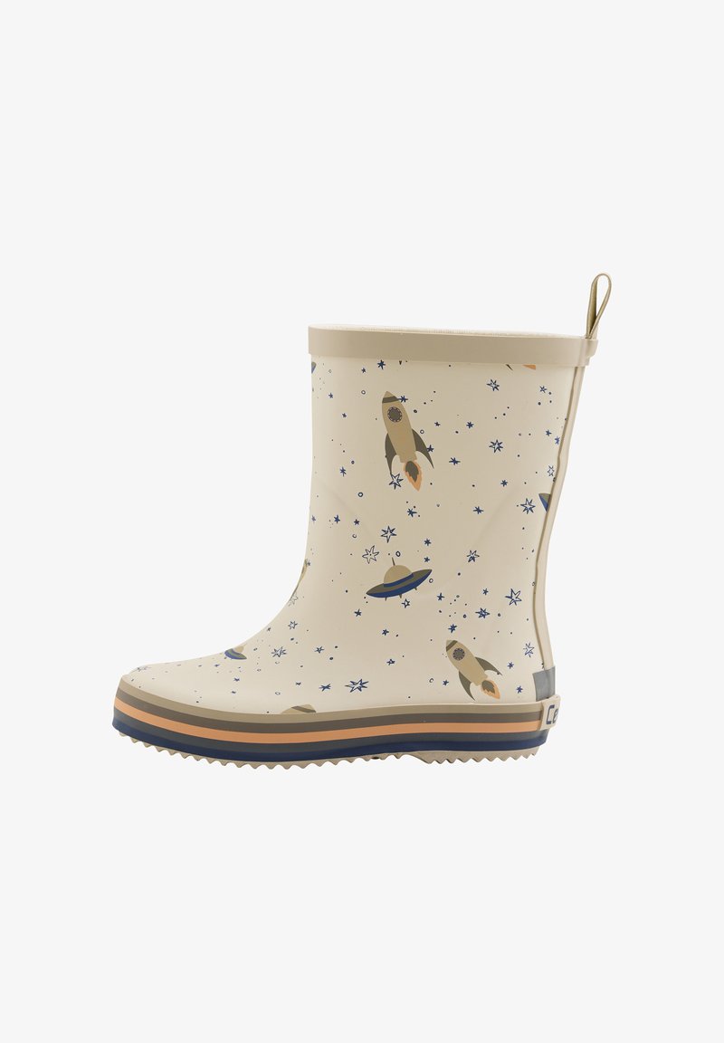 Stivale da pioggia beige con motivi di razzi e pianeti, in materiale di gomma, forma arrotondata, suola zigrinata, tacco basso e linguetta per facilitare la calzata.