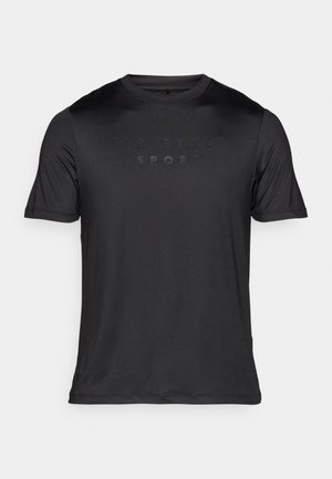 Black short-sleeve athletic shirt with round neck. Features embossed "TED BAKER SPORT" logo on the front. Smooth, lightweight fabric.