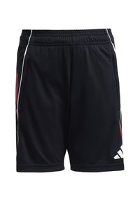 Zwarte sportieve shorts gemaakt van gladde stof, met een elastische tailleband, zijzakken, rode accenten en witte biezen. Adidas-logo op de zoom.