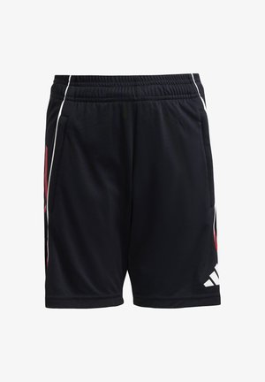 Pantaloni atletici neri realizzati in tessuto morbido, con vita elasticizzata, tasche laterali, dettagli rossi e piping bianco. Logo Adidas sull'orlo.