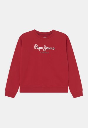 Sweat-shirt rouge à col rond avec manches longues et « Pepe Jeans London » brodé en blanc sur la poitrine.