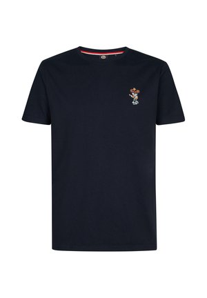 Marineblauw T-shirt met korte mouwen en een klein kleurrijk cartoonfiguur met een sombrero aan de linkerkant van de borst.