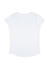 Weißes T-Shirt mit kurzen, umgeschlagenen Ärmeln, abgerundetem Saum und weicher Stoffbeschaffenheit. Schlichtes Design ohne Muster oder zusätzliche Details.