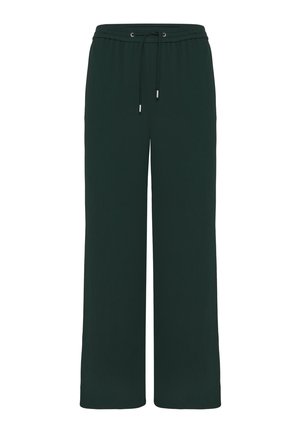 Pantalon vert foncé à jambes larges avec taille élastique et cordon ajustable avec embouts métalliques.