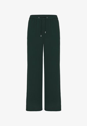 Pantalon vert foncé à jambes larges avec taille élastique et cordon ajustable avec embouts métalliques.