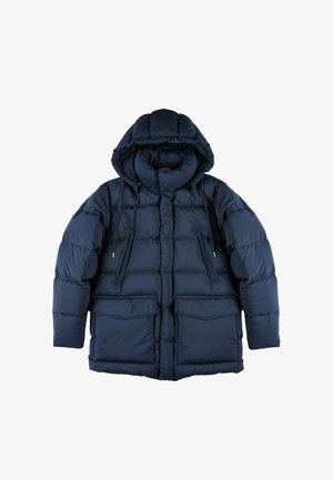 Giacca puffer navy con cappuccio, design trapuntato, corpo ampio, due grandi tasche frontali e cordini regolabili su cappuccio e collo.