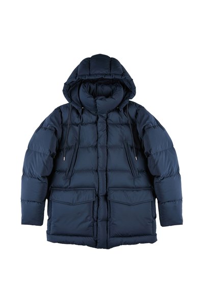Giacca puffer navy con cappuccio, design trapuntato, corpo ampio, due grandi tasche frontali e cordini regolabili su cappuccio e collo.
