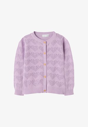Lila pletena jopica s sprednjim gumbom, vzorcem očescev v obliki srca, okroglim izrezom in dolgimi rokavi, otroška velikost.