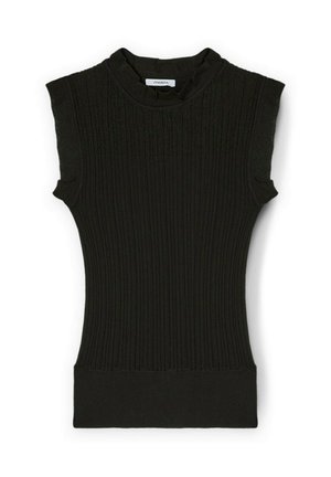 Zwart, mouwloos ribbelgebreid topje met een hoge hals, textuurstof en een aansluitende pasvorm, met een effen, consistente kleur.