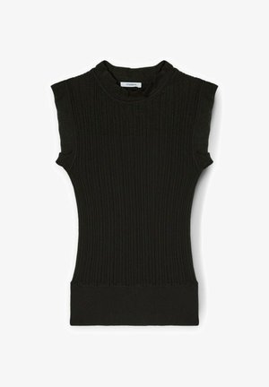 Top nero senza maniche in maglia a coste con collo alto, tessuto testurizzato e silhouette aderente, caratterizzato da un colore solido e uniforme.