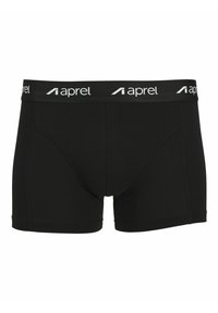 Schwarze Boxershorts aus dehnbarem Material. Mit einem weichen Bund, der das 'aprel'-Logo in Weiß trägt. Glatte Oberfläche ohne sichtbare Muster.