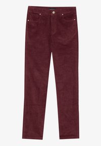Bordeaux corduroy broek, met een zachte textuur, vijf-pocket ontwerp en metalen knoopaccenten. Rechtdoor snit met fijne ribbels.