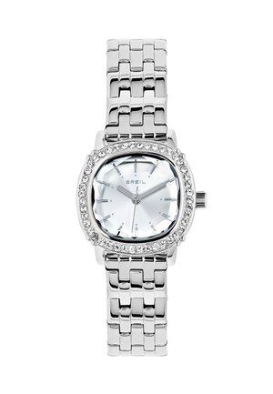 Orologio da polso in metallo argento con quadrante ottagonale, lunetta in cristallo e quadrante argentato caratterizzato da indicatori e lancette metalliche.