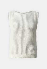 Sleeveless white knit top, featuring vertical ribbed texture, rounded neckline, and a fitted hem. Lightweight and breathable material.