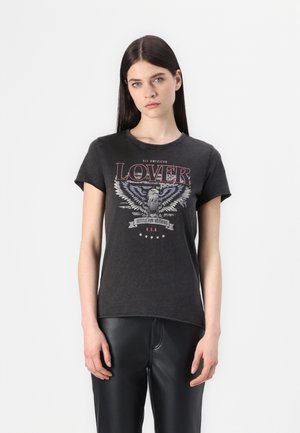 Black cotton t-shirt featuring a graphic print with an eagle and text "LOVER" in red, short sleeves, and a crew neckline.