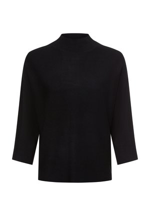 Schwarzer Strickpullover mit hohem Kragen und Dreiviertelärmeln. Der Stoff ist glatt mit einer sanften Textur und minimalen Nähten.