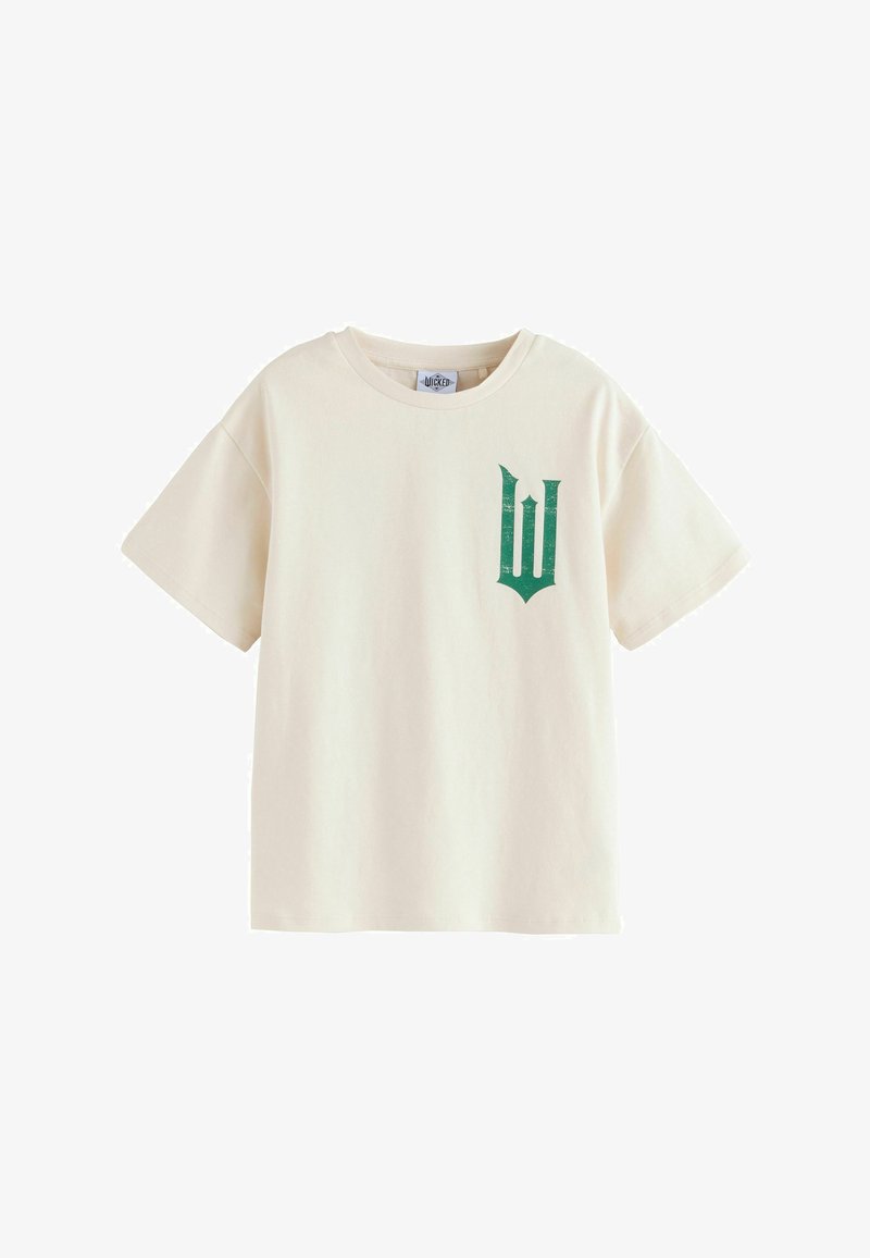 T-shirt à manches courtes couleur crème avec la lettre W verte stylisée imprimée sur la partie gauche de la poitrine.