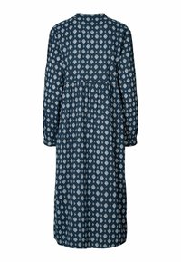 Abito a maniche lunghe con scollo alto, tessuto blu navy con un motivo a rombi bianchi e vita arricciata per una vestibilità comoda.