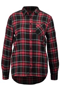 Camicia di flanella a quadri rossa e nera con maniche lunghe, chiusura a bottoni frontale, taschino sul petto e orlo curvo. Presenta linee bianche e verdi in contrasto.