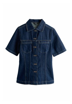 Dark denim short-sleeve shirt jacket featuring a pointed collar, button front, two chest pockets, and contrasting stitching details.