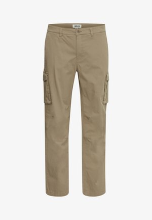 Beige cargobyxor i bomull med flera sidofickor, rak ben-design och knappstängning i midjan.