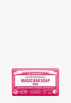 Barra rosa de jabón Dr. Bronner’s All-One Pure-Castile Magic Bar con aroma a rosa y aceites certificados orgánicos, 140 gramos.