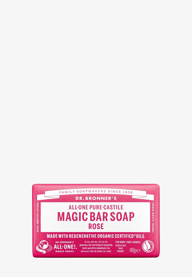 Rosa bar fra Dr. Bronner’s All-One Pure-Castile Magic Bar såpe med roseduft og økologisk sertifiserte oljer, 140 gram.