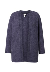 Fioletowy, ciemny, dzianinowy kardigan z przodu otwarty, z długimi rękawami, o prążkowanej fakturze i luźnym kroju.