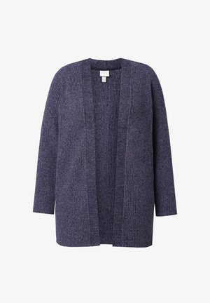Cardigan a maglia intrecciata di colore viola scuro, maniche lunghe, aperto sul davanti, con texture a coste e vestibilità comoda.