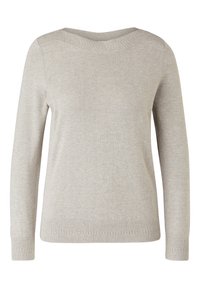 Pull en tricot gris clair à manches longues avec un col rond, des poignets et un ourlet côtelés, présenté sur un fond blanc.