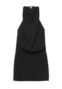 Robe noire sans manches à col montant, mettant en valeur une taille froncée et un détail en œillet au dos. Tissu lisse avec un design simple.