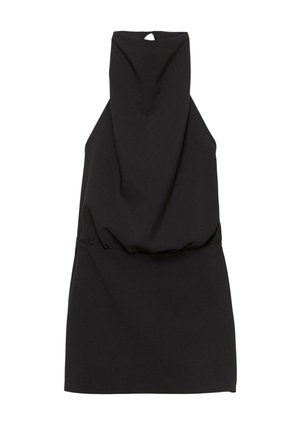 Robe noire sans manches à col montant, mettant en valeur une taille froncée et un détail en œillet au dos. Tissu lisse avec un design simple.