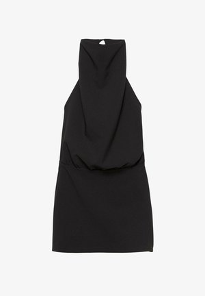 Rochie neagră fără mâneci, cu guler înalt, având o talie strânsă și un detaliu în formă de cheie la spate. Material neted cu un design simplu.