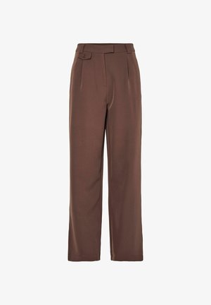 Braune gewobene weit geschnittene Hosen mit hohem Bund, Vorderfalten und einem Knopfdetail. Glatte Textur mit maßgeschneidertem Design.