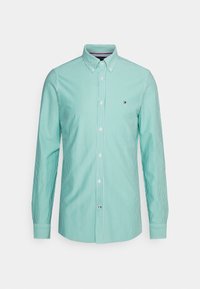 Türkisfarbene Hemdbluse mit vertikalen weißen Streifen, langen Ärmeln und klassischem Kragen. Verfügt über ein kleines Logo auf der Brust.