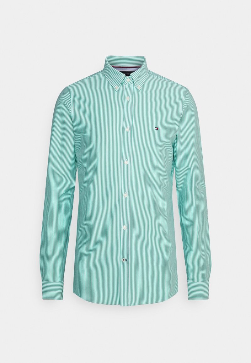 Türkisfarbene Hemdbluse mit vertikalen weißen Streifen, langen Ärmeln und klassischem Kragen. Verfügt über ein kleines Logo auf der Brust.