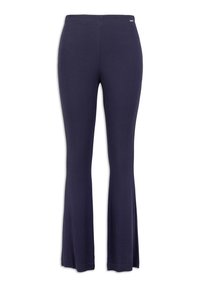 Marinblå utsvängda byxor tillverkade av mjukt, elastiskt tyg. Har en åtsittande midja och utsvängd nederkant för en bekväm passform.