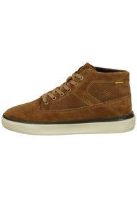 Brown suede high-top sneaker with mesh panels, round toe, black rubber sole, and beige laces. Features minimal brand accents.