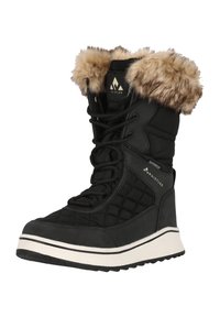 Svarta vattentäta stövlar med quiltad textur, fuskpälskrage och robust vit sula. Har snörning och logotypdetaljer på sidan.