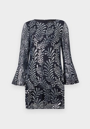 Navy dress with flared sleeves, featuring intricate silver leaf patterns and sequins on a textured fabric. Zip closure at the back.